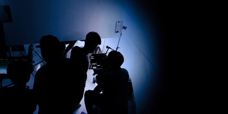 Video production or film production studio used in shooting videography or photography and photo sets. Professional movie camera and film crew team making film scenes for online advertising works.